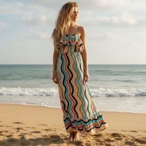 FARM Rio Anthropologie Sleeveless Dancing Stripes Rainbow Ruffle Maxi medium